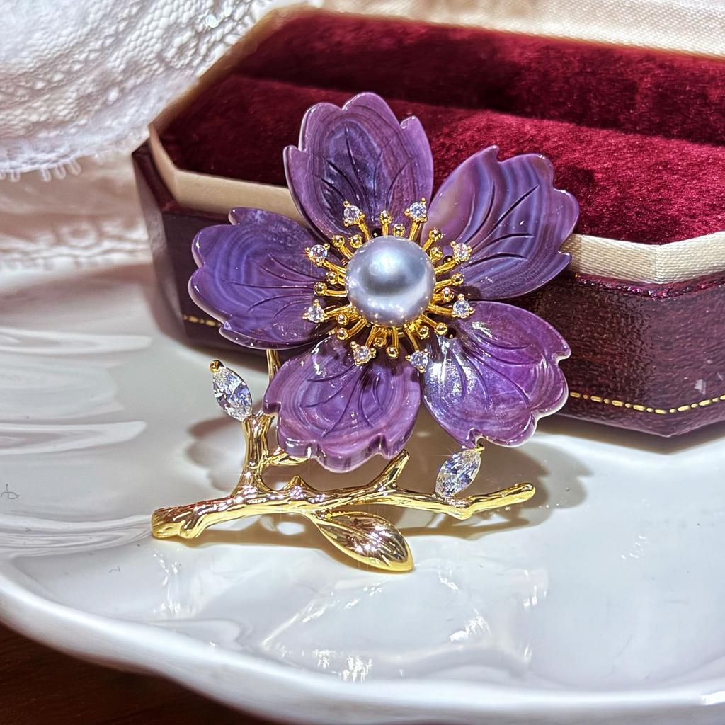 Chinese-style brushed bamboo flower brooch with natural freshwater pearls, a traditional Chinese accessory for cheongsam