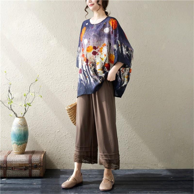 Johnature Casual Print Women Tops Summer Simple O-neck Loose Pullover Women T-Shirts