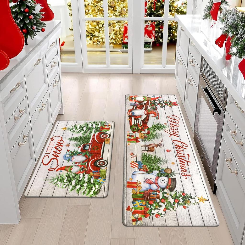 2pcs Santa Claus Kitchen Floor Mats Entrance Welcome Door Mats Corridor Laundry Room Carpets Winter Festival Decorations