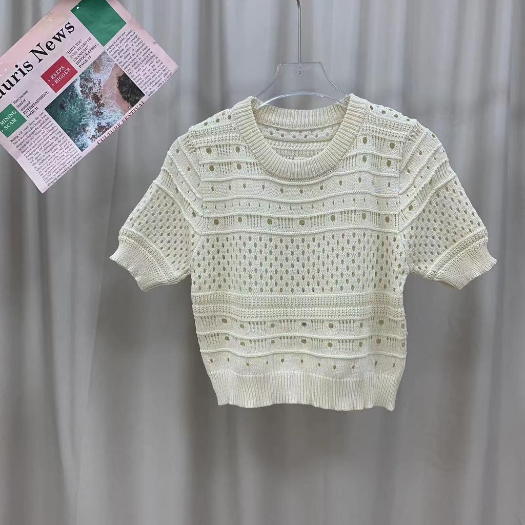 Design Printemps Été Sens du Design Creux Manches Bouffantes Style Étranger Pull Court en Maille Fin Polyvalent Col Rond Hauts Pulls Décontractés pour Femmes T-shirts