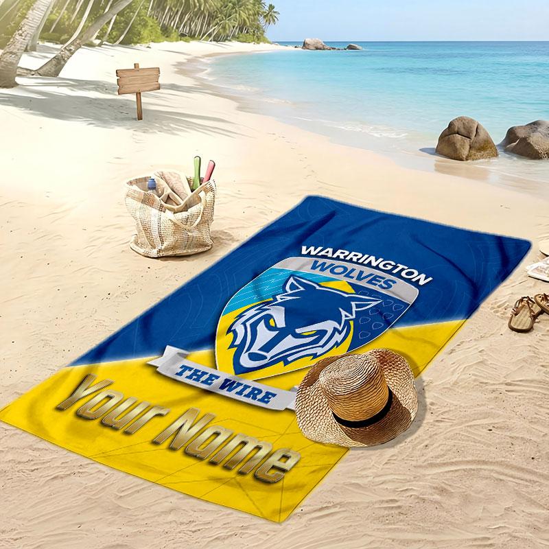 Warrington Wolves FC Personalized Printed Beach Towel Soccer Logo Support Custom Name Text Absorbent Towel For Sport Travel Special Gift