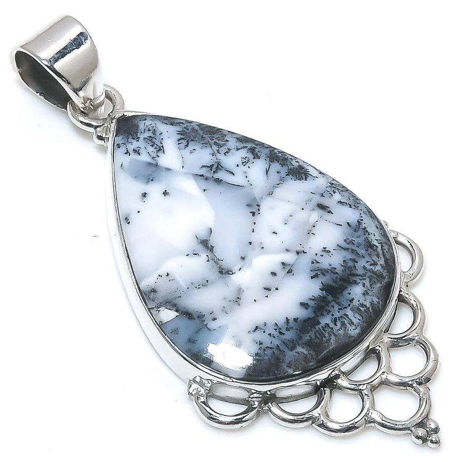 Natural Dendrite Opal Gemstone 925 Solid Sterling Silver Gift Pendant 2.25" A5y14