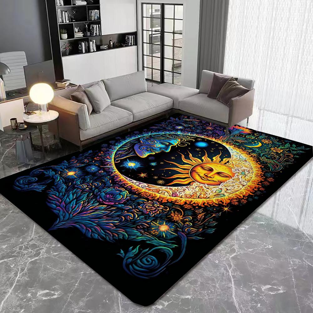 Mysteriöser Sonne und Mond Bereichsteppich Maschinenwaschbare Flanellteppiche Rutschfeste Bodenmatte für Schlafzimmer Wohnzimmer Heimdekor Sofa Teppich