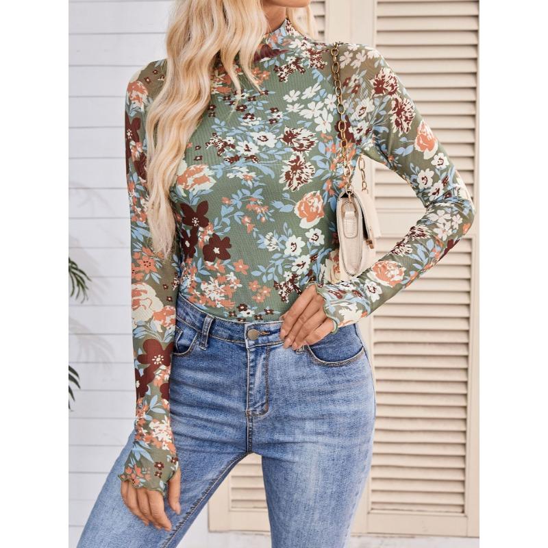 Spring and Autumn Fashion Pullover High Neck Long Sleeve Lace Floral Mesh Base Shirt Women