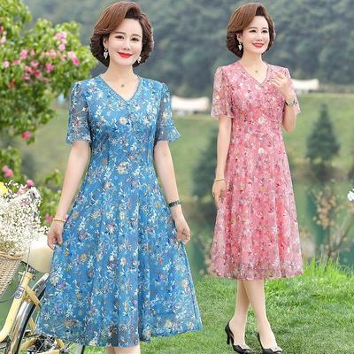 Ženy Letní Ležérní Šaty Dámské Potisk středního věku Skládané šaty s krátkým rukávem Dámské Vintage Vestidos s výstřihem do V