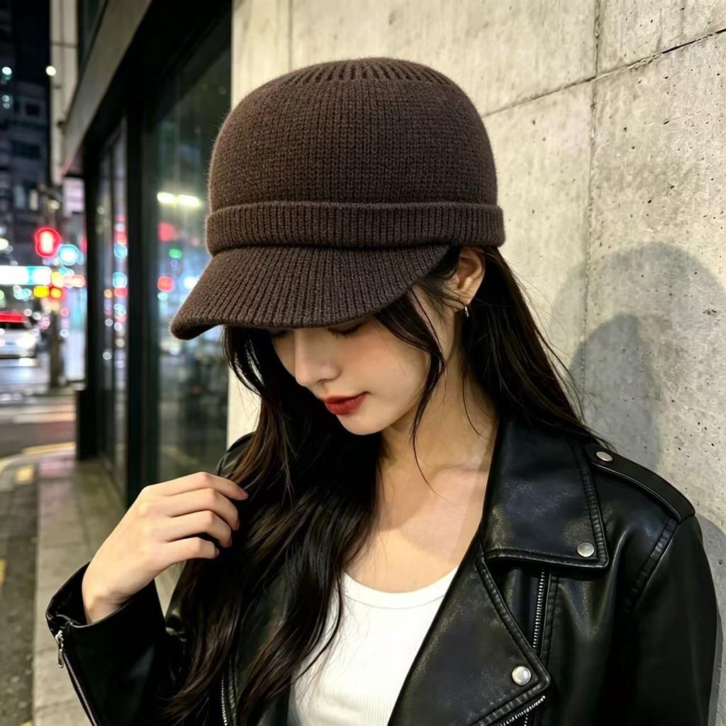 European and American niche black knitted hat, small brim cap, four-season versatile wool hat, small equestrian hat for women