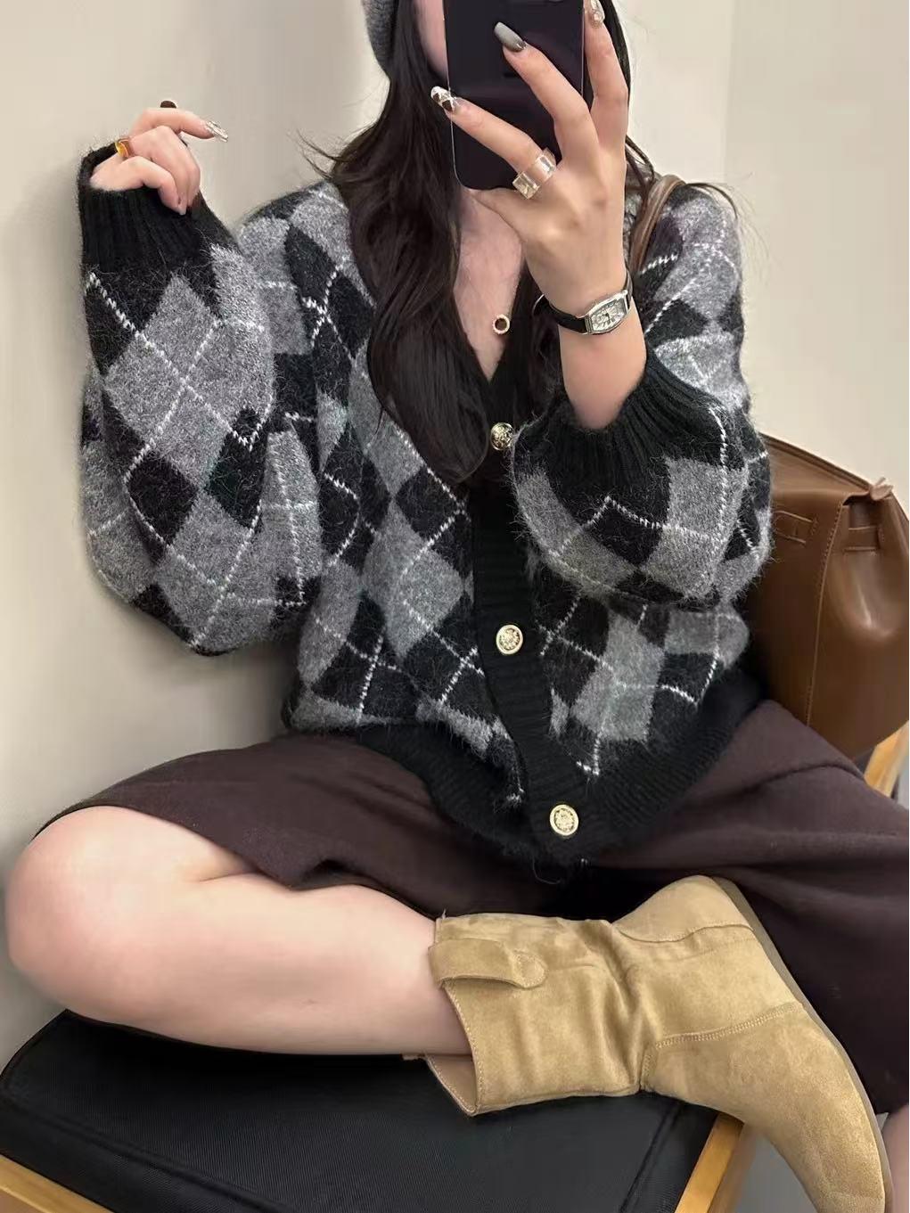 

Кардиган свитер из вязаного аргайла из норкового флиса - Уютная одежда для осени/зимы серый