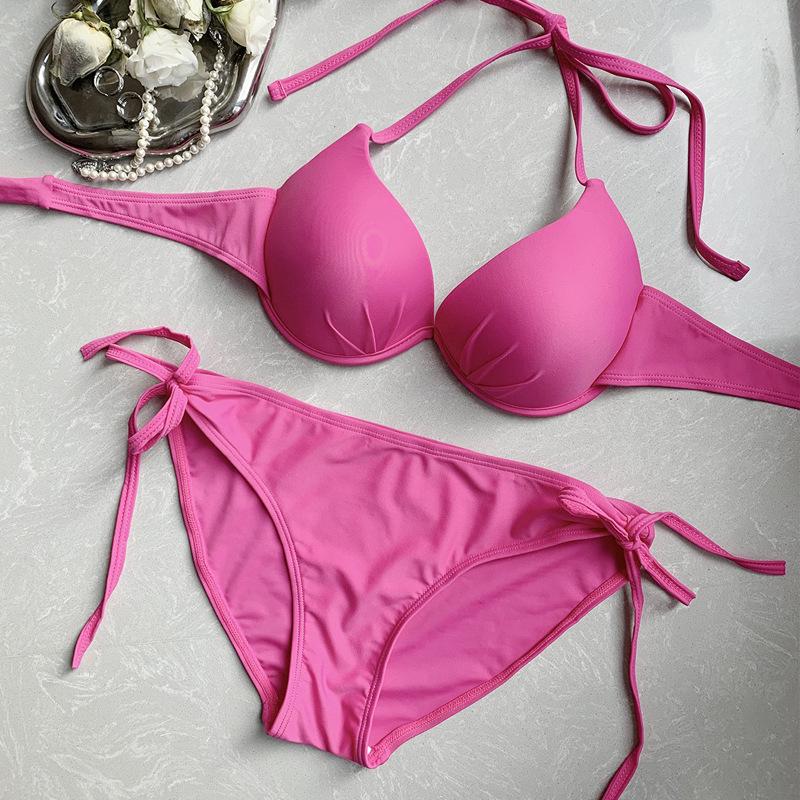 Rose Red Three-Piece Swimsuit Bikini with Underwire for Small Chest