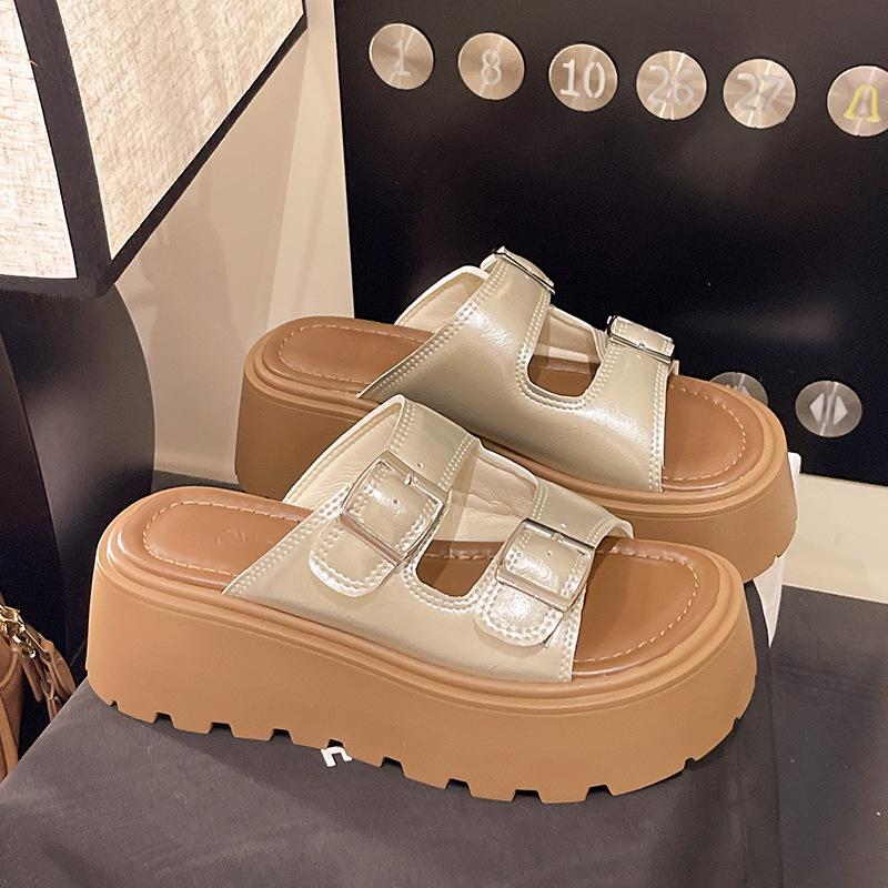 Fashion versatile platform shoes women's summer outer wear beach shoes retro double buckle with new one-word slippers