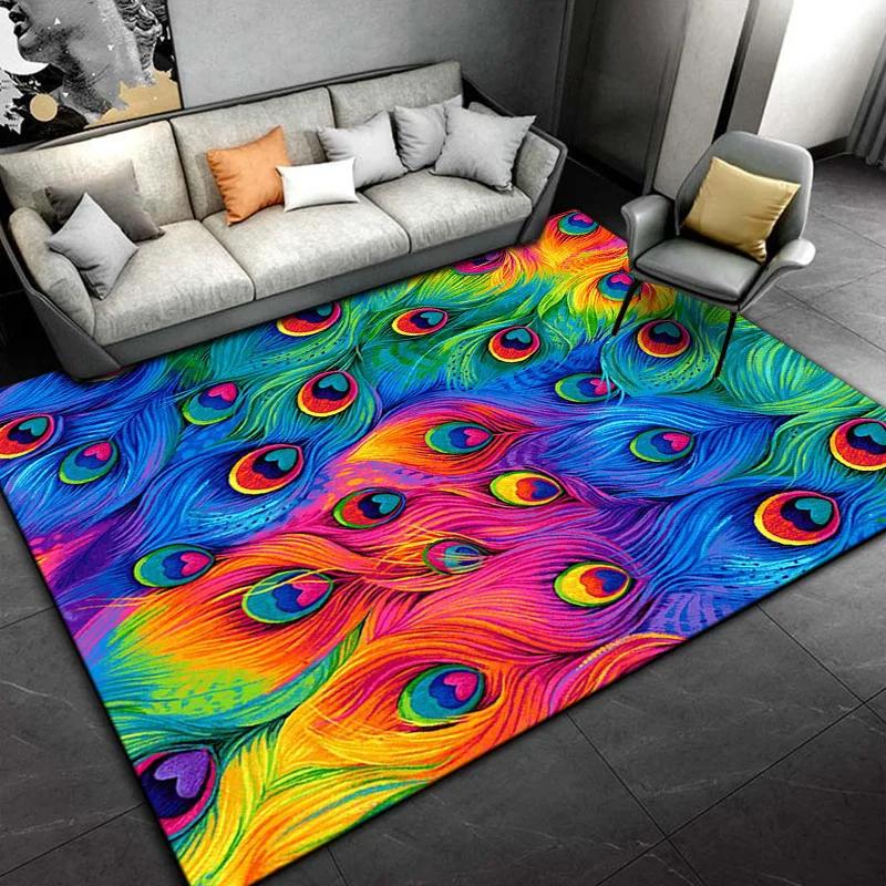Peacock Feather Pattern Area Rug Colorful Animal Bird Fur Non-slip Carpet, Living Room Bedroom Polyester Mat Home Decor Doormat
