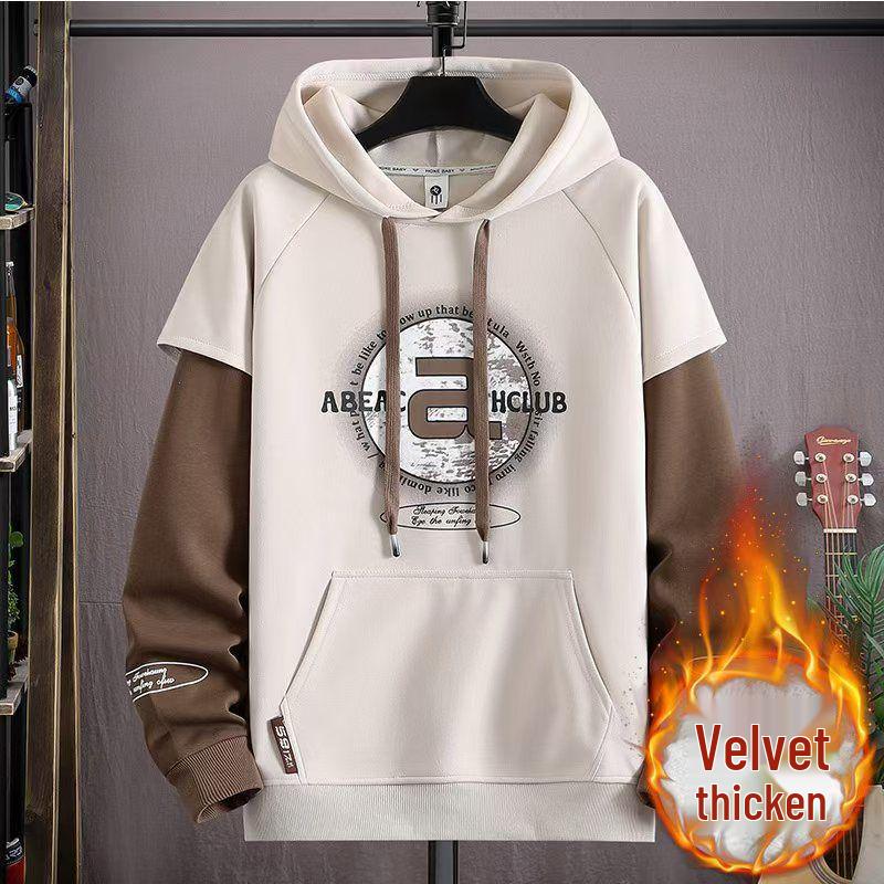 Men's Trendy Letter Print Hooded Sweatshirt - Spring & Autumn Faux Two-Piece Casual Sports Jacket