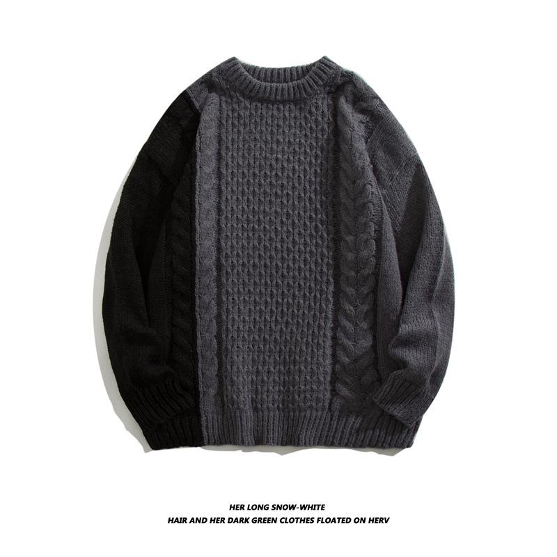 Men s Japanese Streetwear Retro Color Block Cable Knit Sweater - Loose, Casual, Patchwork, Couple Style L