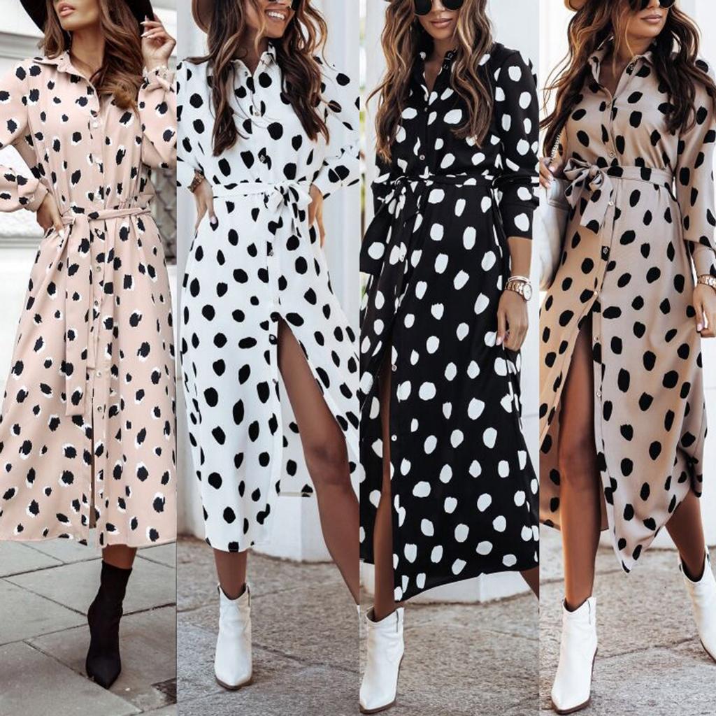 Women Leopard Chiffon Long Sleeve Printing Casual Party Vintage Boho Maxi Dress