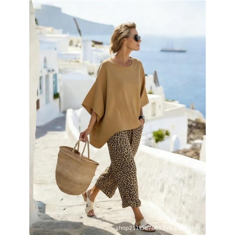 Popular 1116 new 1D tropical printing crew neck shirt wide-leg shorts casual vacation two-piece set