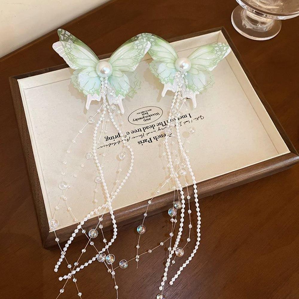 

2 шт. Зажим-уточка с кисточкой из рисовых бусин, Модные заколки-бабочки для волос для женщин и девушек зелёный