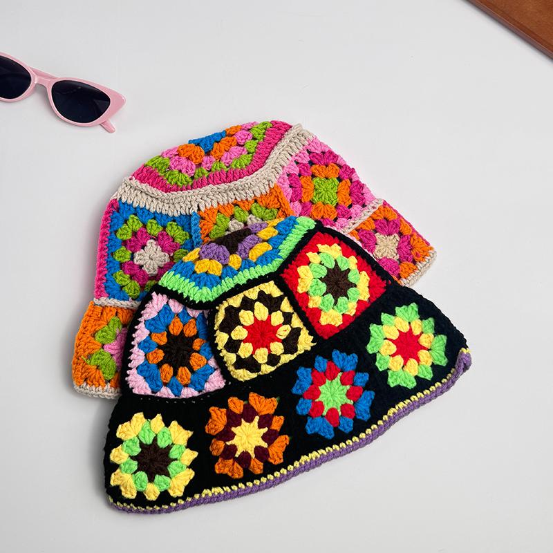 Handmade Crochet Bucket Hat Women Autumn Winter Flower Knit Beanies Korean Casual Beanies Panama Cap Fisherman Hat