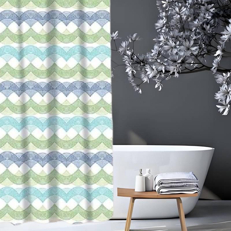 Wunderschön gestalteter Duschvorhang mit Seesternmuster, der für eine einfache Montage ohne Bohren angebracht werden kann.