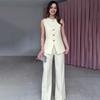 New Women's Sleeveless Solid Color Button Top and Straight Leg Pants Casual Set