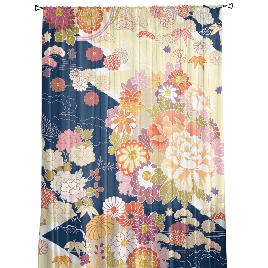 Motivo Giapponese Arte Floreale Tende da Finestra Soggiorno Tende in Tulle Decorazione Cucina Tenda Camera Bambini Trattamento Finestra