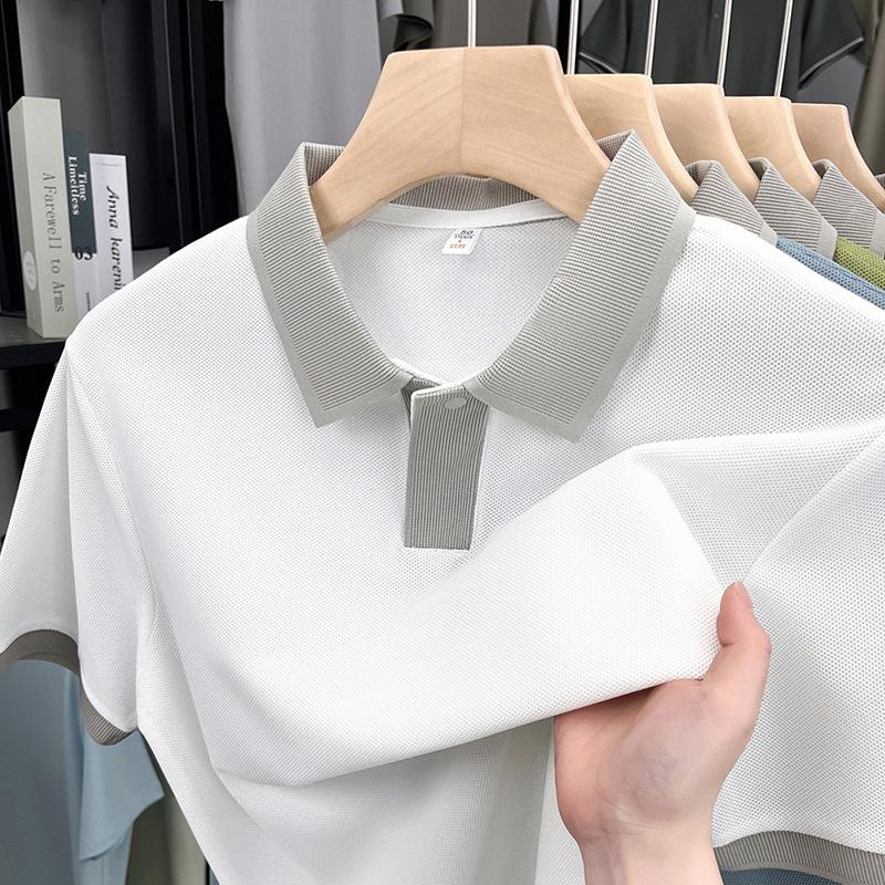 

New Summer High-end Men s Short-sleeved Polo Shirt Lapel Casual Contrasting Color T-shirt for Men M белый
