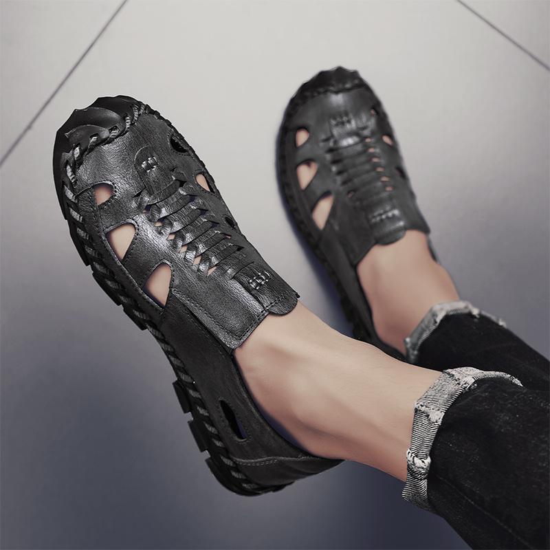 2025 New Men's Handmade Leather Sandals Flat Sandals Fashion Men's Suitable for Beach Vacation Summer Brown Non-slip Sandals