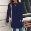 Blusa informal de manga larga con cuello redondo y bolsillos de color liso a la moda para mujer