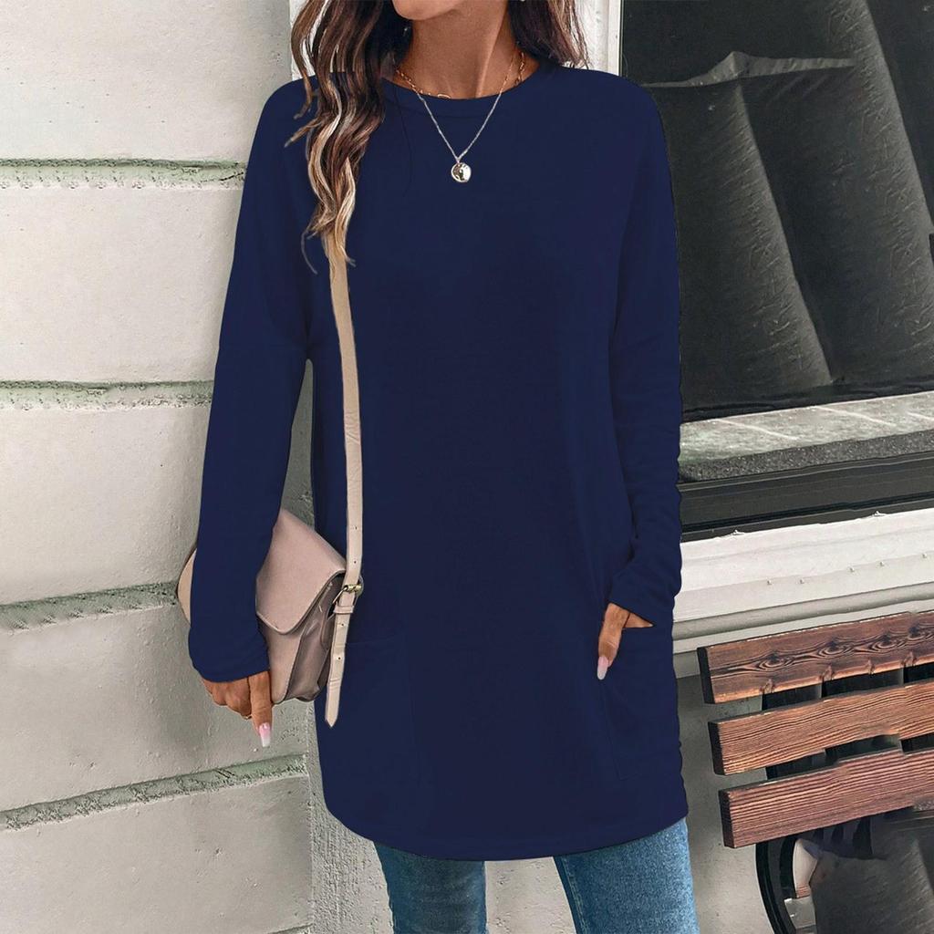 Blusa informal de manga larga con cuello redondo y bolsillos de color liso a la moda para mujer