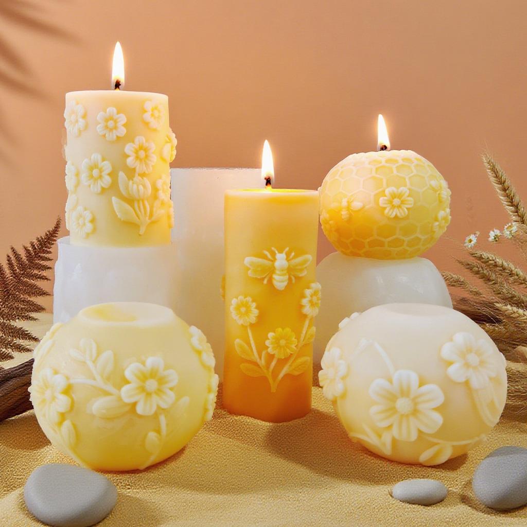 Honeycomb Cylinder Sphere Silicone Candle Mold Bee Daisy Relief Handmade Pillar Plaster Ornament Mould Candle Making Supplies