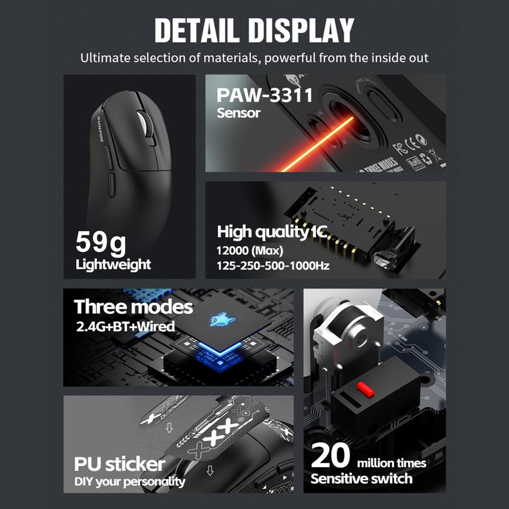 XUNFOX Wireless Mice PAW3311 Lightweight Gaming Mice with 3Modes Connection Rechargeable Ergonomic