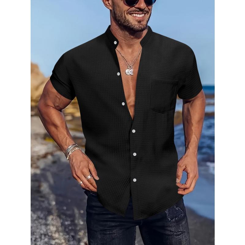 

Men Stand Collar Waffle Knit Short Sleeve Shirt Single Chest Pocket Button Down Casual Beach Daily Tops S чёрный