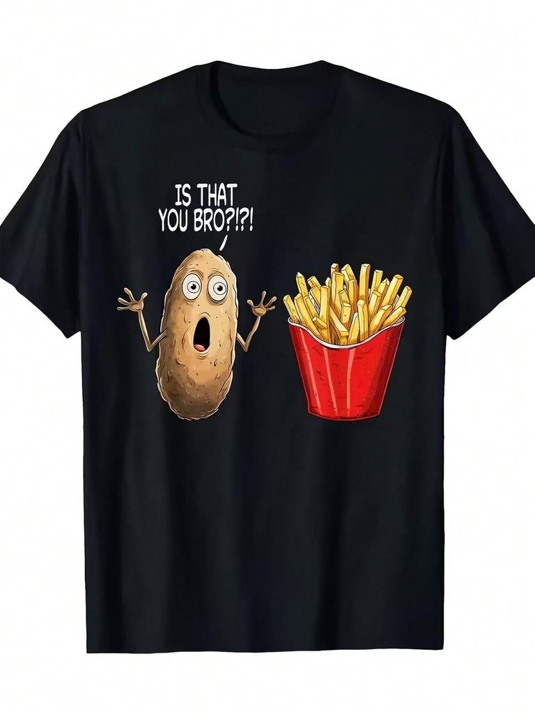 S Fun IS THAT YOU BRO! T-Shirt With A Potato Fries Pattern - Cartoon-Style Fried Fries Design, Breathable And Comfortable Fabric, Machine Washable, Re