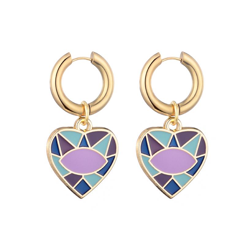 New Colorful Eye Love Heart Stainless Steel Hoop Earrings For Women Vintage Statement Enamel Gold Color Pendant Earrings Zircon