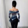 Camiseta de punto con estampado de malla para mujer, hombros descubiertos, manga larga, corte ajustado, Top de moda para mujer, básico diario, para oficina, casual, elegante, ajustado