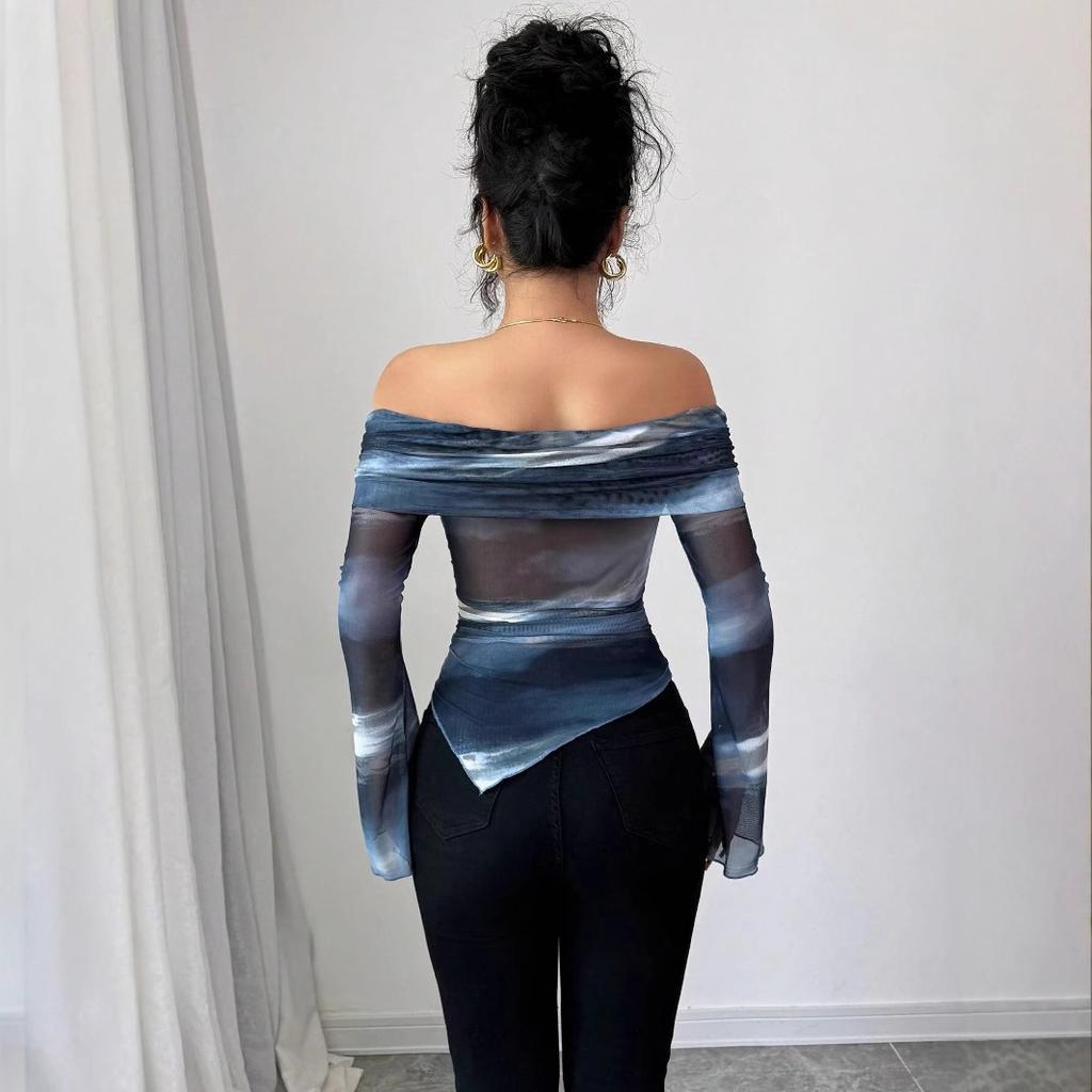 Camiseta de punto con estampado de malla para mujer, hombros descubiertos, manga larga, corte ajustado, Top de moda para mujer, básico diario, para oficina, casual, elegante, ajustado