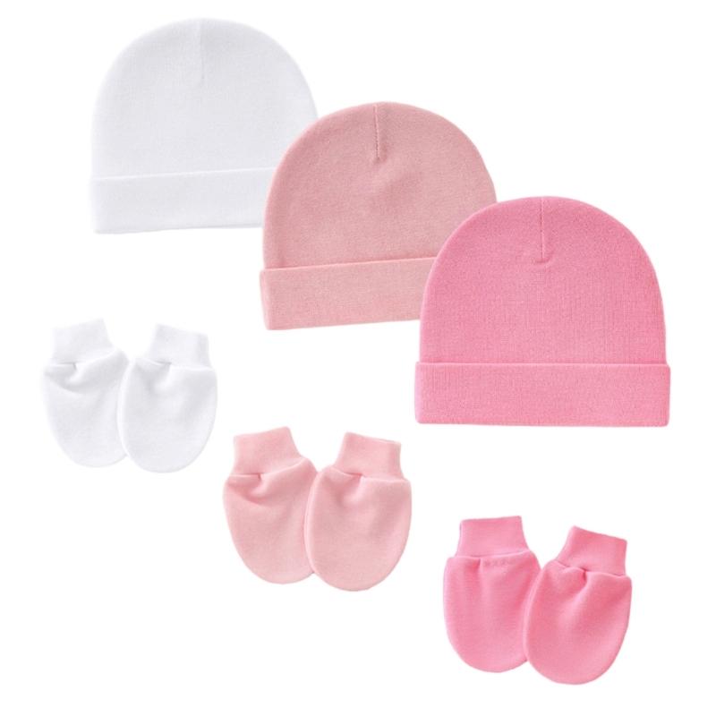 3 Set Baby Bonnet Hat Feature Foldable Cuff with Mittens Cotton Fabric Gentle On Skin Multiple Color Available