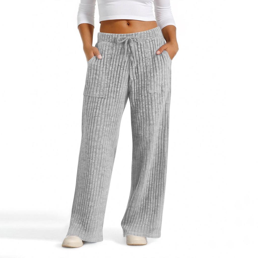 Women's Wide Leg Lounge Pants with Drawstring Waist, Soft Ribbed Knit Casual Relaxed Fit Trousers with Pockets