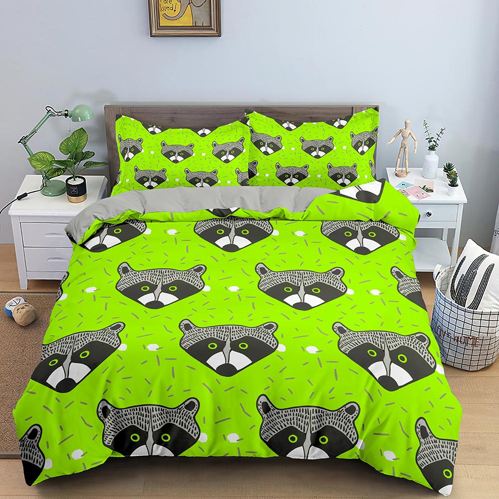 Raccoon Duvet Cover Set Grey Black Wild Animals Colourful Background King Queen Size Comforter Cover Polyester For Kids Boy Girl