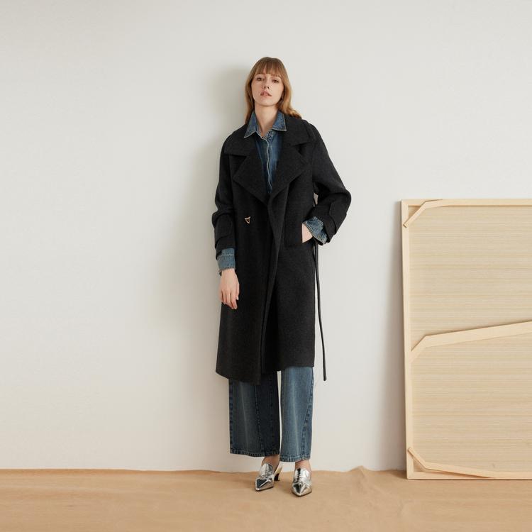 ELLE A-Line Wool Warm Long Coat With Belted Lapel Double-Sided Melton Coat Women coats Gray Blue L7WND058