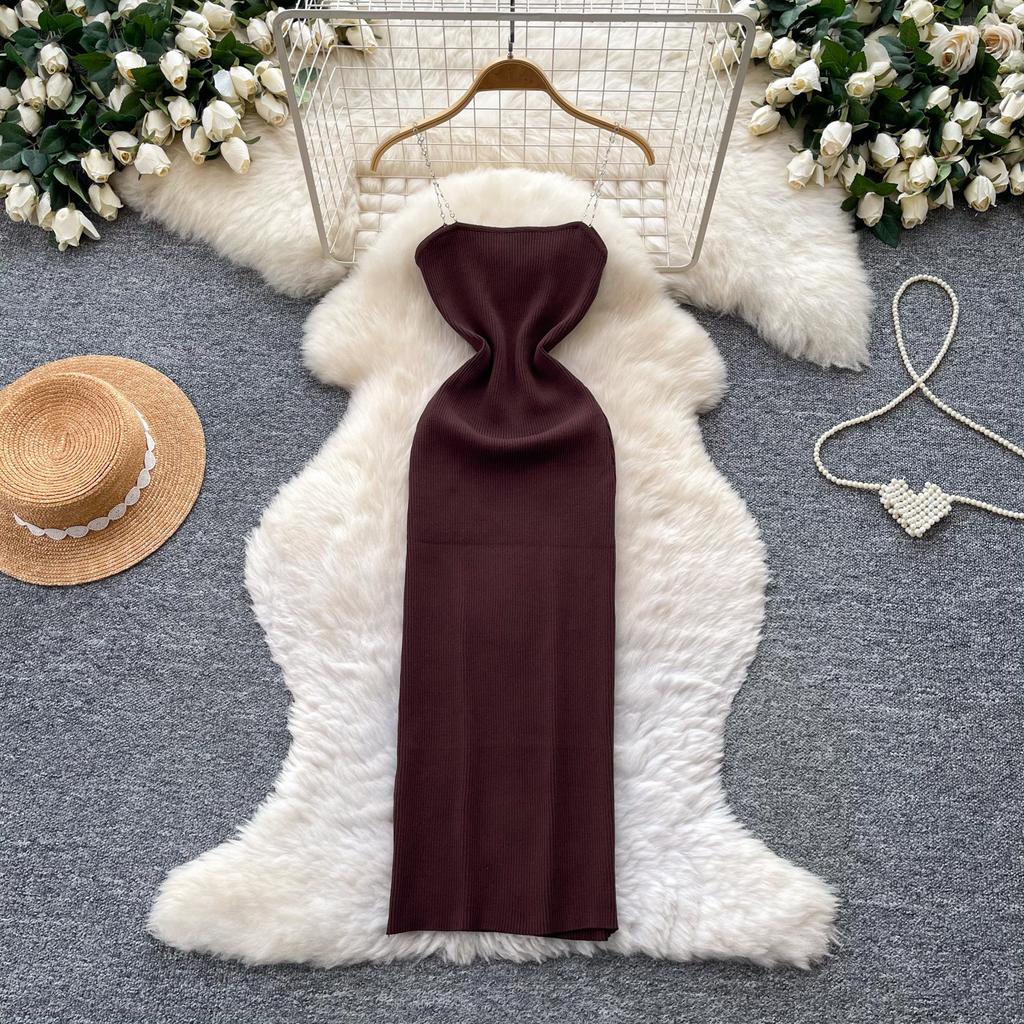 Light luxury sleeveless chain suspender knitted dress women's summer thin sexy A-shaped dress commuter high-end dress