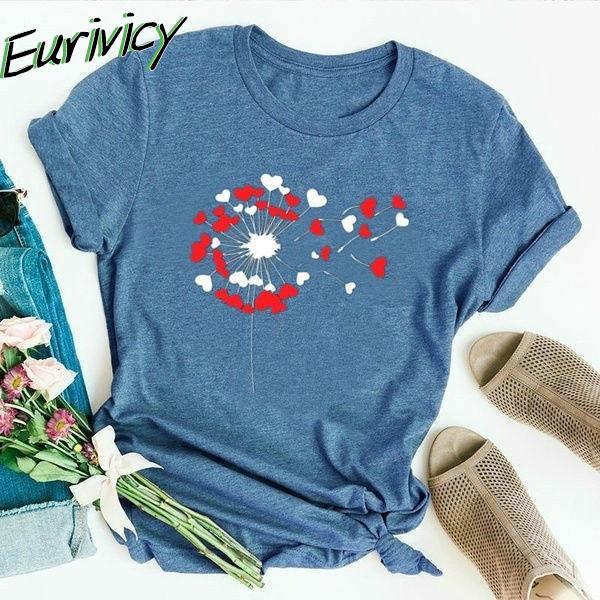 

Eurivicy Женщины O Шея Футболки Мода Веселье Любовь Одуванчик Печатный Повседневный Короткий Рукав Топы Летние Рубашки