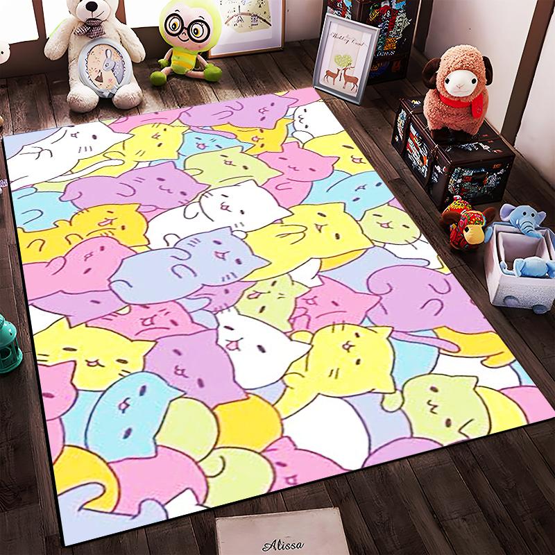Adorable Multicolored Cartoon Cats Pattern Carpet - Pastel Animal Design Home Decor Suitable for Use As an Anti-slip for Room and Bedroom Sofas