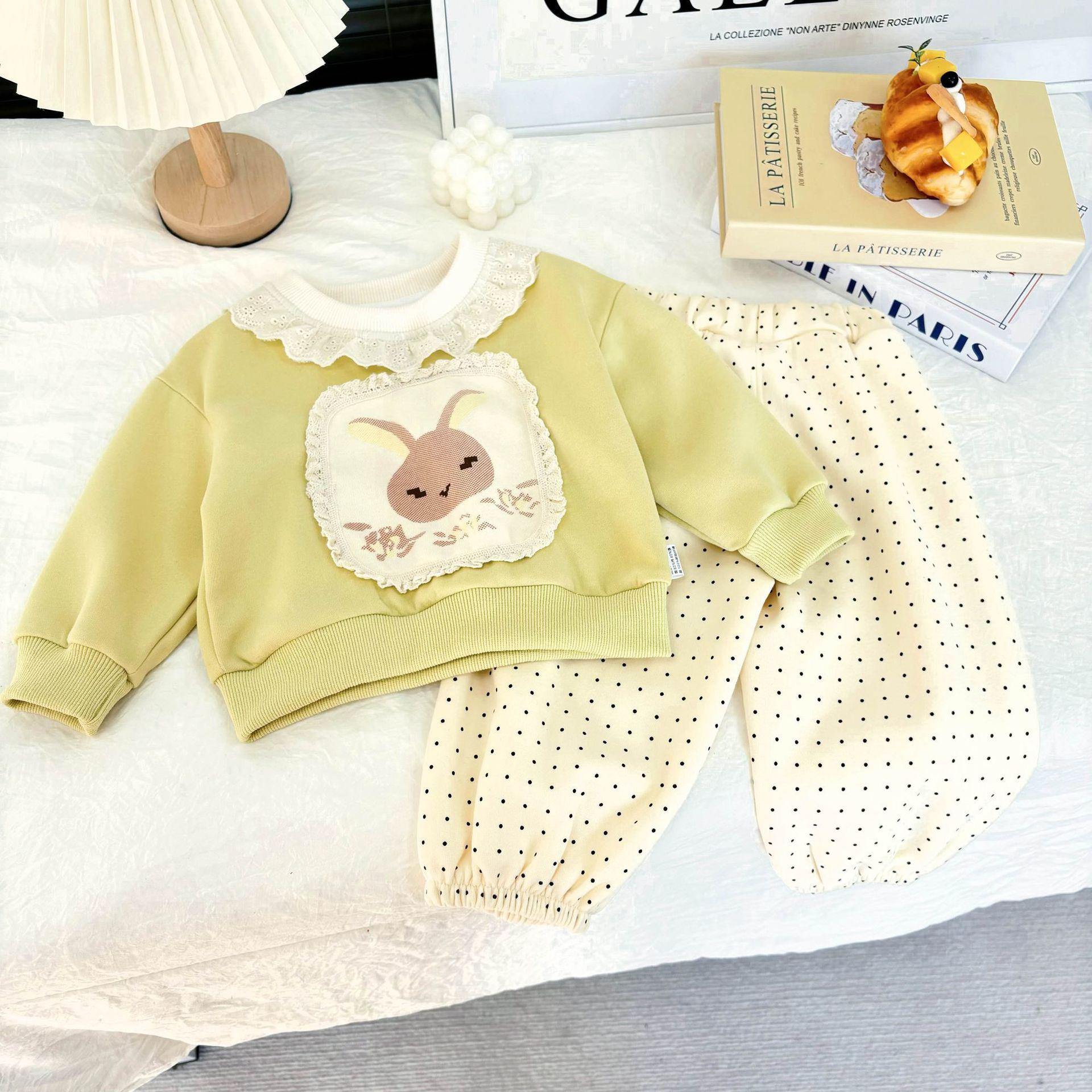 Kids  Spring 2026 Girls  Lace Rabbit Hoodie & Polka Dot Sweatpants Set - Cute Casual Wear 120cm