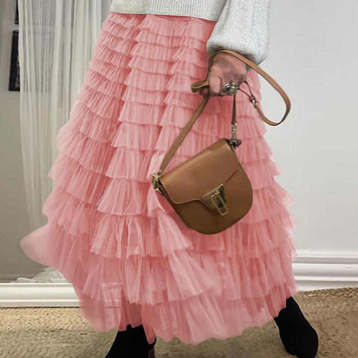 

Женская весенне-осенняя юбка с высокой талией, сетчатая, однотонная, плиссированная, многоярусная one size