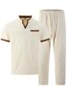Men's Plaid Color-Block Casual Suit with Short Sleeve V-neck T-shirt and Long Pants