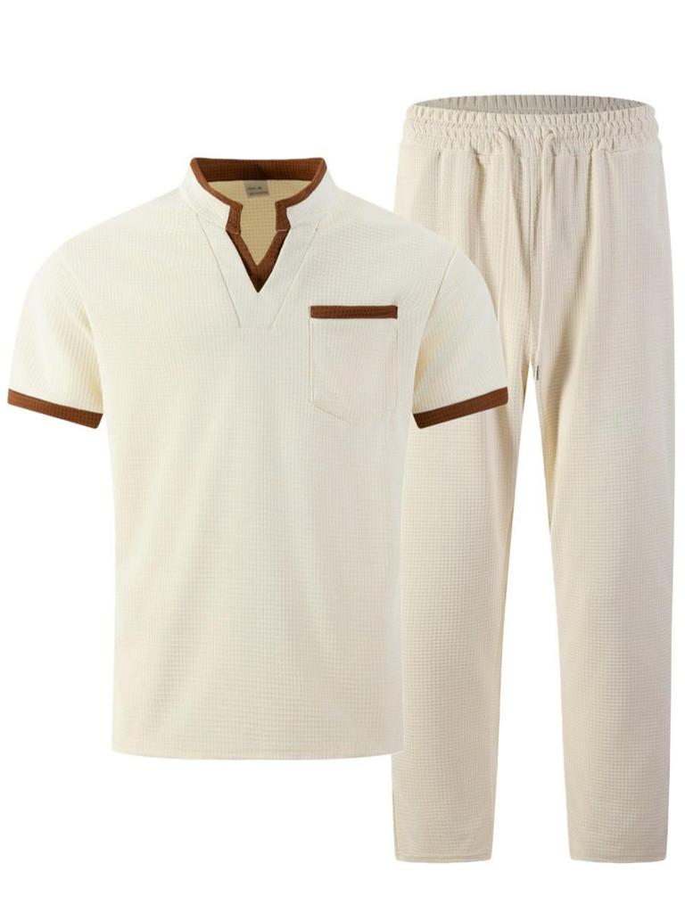 Men's Plaid Color-Block Casual Suit with Short Sleeve V-neck T-shirt and Long Pants
