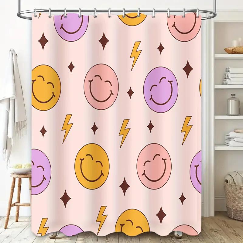waterproof shower curtainfeaturing a playful smiley face design in pink, yellow, purple, and gold perfect for bath