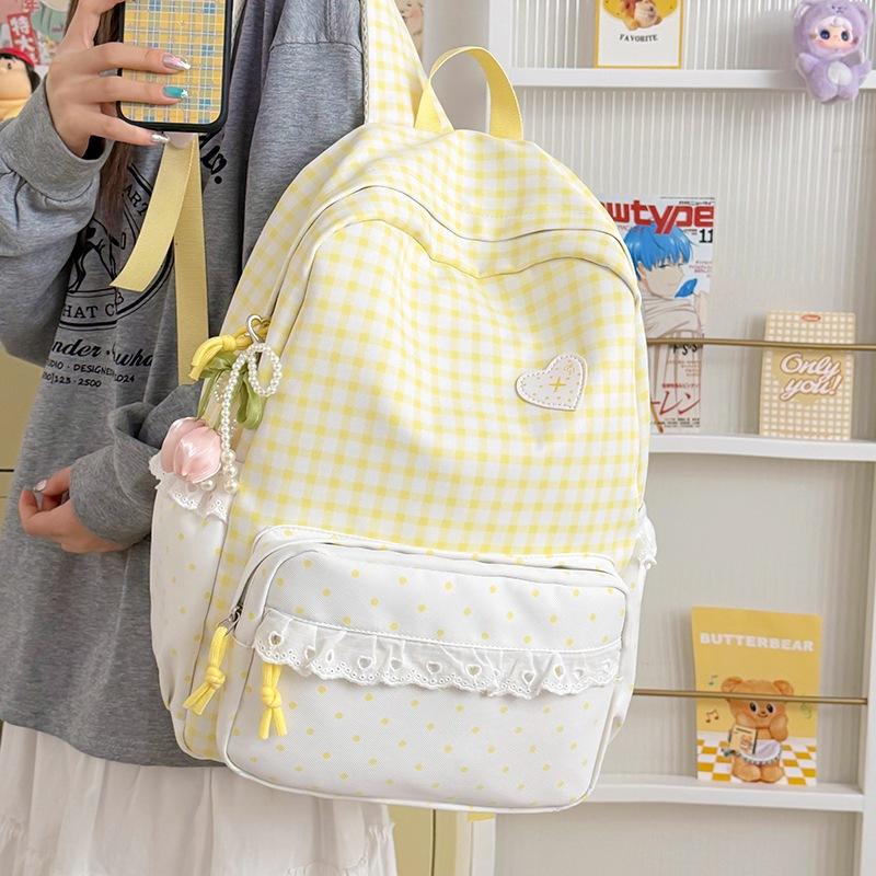 Schoolbag High Value Casual Plaid Small Fresh Primary School Students Versatile Polka Dot Light College Students Large Capacity Backpack