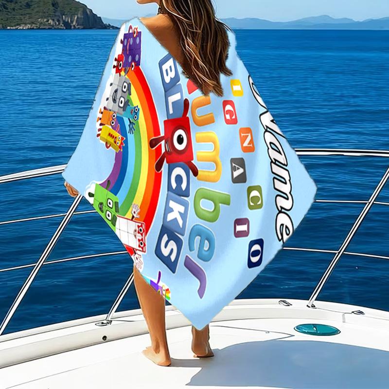 1PC Custom Name Number Blocks Adventure Heart Beach Towel, Lightweight Quick-Dry for Man Woman, for Summer Travel, Swimming Pool Birthday Gift