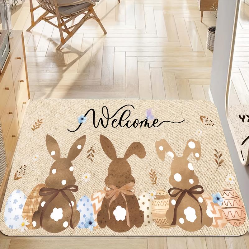 VIKAMA Easter Holiday Warm Atmosphere Bedroom Rug Living Room Non-Slip Absorbent Cute Rabbit Easter Egg Print Carpet