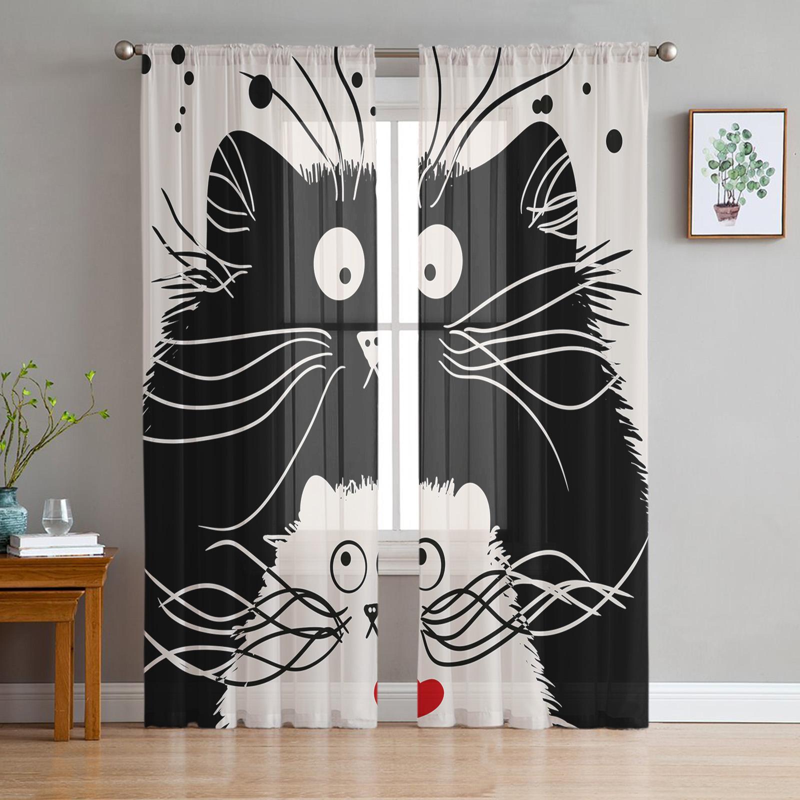 

Милые черно-белые животные с изображением кошек, домашних животных, прозрачные шторы для гостиной, украшения оконных штор, кухонных тюлевых вуалей W135 x H115cm x1&Grommet Top
